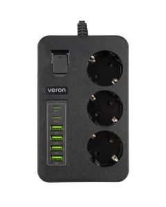 Мережевий фільтр Veron SC12 (4 USB + 2 USB-C + 3 AC) Чорний (Black)