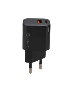 Зарядний пристрій Veron TC-028 (1 USB + 1 USB-C) PD/QC 20W Чорний (Black)