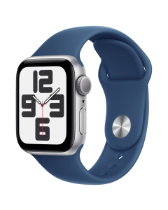 Умные часы Apple Watch SE 2024 GPS 40 мм, корпус из алюминия цвета серебро с спортивным ремешком размера M/L (MXED3QH/A) в синем (джинсовом) цвете.
