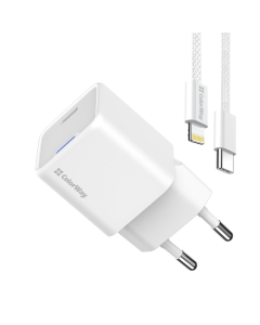 Зарядний пристрій ColorWay GaN Mini 20W PD Port PPS USB-C (CW-CHS059PD-WT) + кабель Lightning Чорний (Black)
