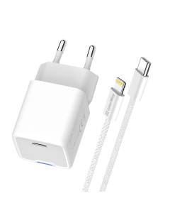 Зарядний пристрій ColorWay GaN Mini 20W PD Port PPS USB-C (CW-CHS059PD-WT) + кабель Lightning Чорний (Black)