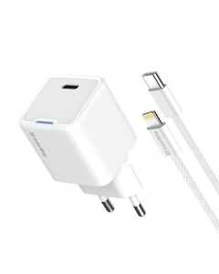 Зарядний пристрій ColorWay GaN Mini 20W PD Port PPS USB-C (CW-CHS059PD-WT) + кабель Lightning Чорний (Black)