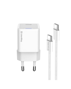 Зарядний пристрій ColorWay GaN Mini 25W PD Port PPS USB-C (CW-CHS052PDC-WT) + кабель USB Type-C Білий (White)