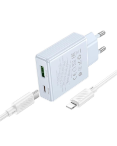 Зарядний пристрій Hoco C142A Direct PD20W+QC3.0 (1USB-A/1C) + кабель Type-C to Lightning Синій (blue)