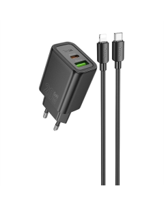 Зарядное устройство Hoco N61 Gentle PD20W+QC3.0 (1USB-A/1C) + кабель Type-C to Lightning Черный (Black)
