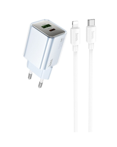 Зарядний пристрій Hoco N46 Glorious PD20W+QC3.0 (1USB-A/1C) + кабель Type-C to Lightning Синій (blue)