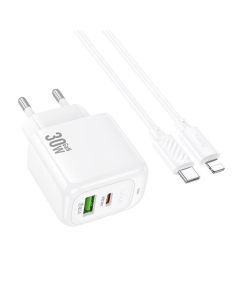 Зарядное устройство Hoco CS55A Surplus PD30W+QC3.0 (1USB-A/1C) + кабель Type-C to Lightning Белый (White)