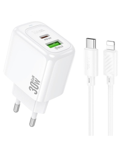 Зарядное устройство Hoco CS55A Surplus PD30W+QC3.0 (1USB-A/1C) + кабель Type-C to Lightning Белый (White)
