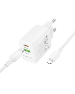 Зарядний пристрій Borofone BN29 Fuente PD30W+QC3.0 (1USB-A/1C) + кабель Type-C to Lightning Білий (White)