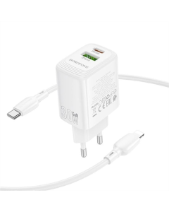 Зарядний пристрій Borofone BN29 Fuente PD30W+QC3.0 (1USB-A/1C) + кабель Type-C to Lightning Білий (White)