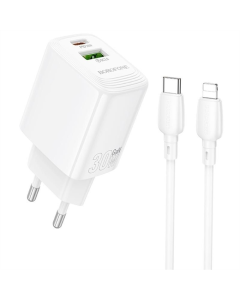 Зарядний пристрій Borofone BN29 Fuente PD30W+QC3.0 (1USB-A/1C) + кабель Type-C to Lightning Білий (White)