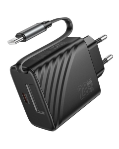 Зарядний пристрій Hoco N57 Full PD20W with retractable cable Type-C (2USB-C) Чорний (Black)