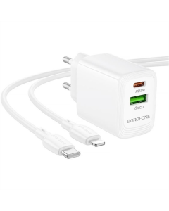 Зарядний пристрій Borofone BN27 Fuente PD20W+QC3.0 (1USB-A/1C) + кабель Type-C to Lightning Білий (White)
