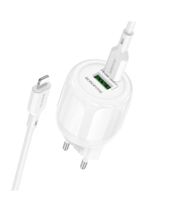 Зарядное устройство Borofone BA93A Lustrous PD20W+QC3.0 (1USB-A/1C) + кабель Type-C to Lightning Белый (White)