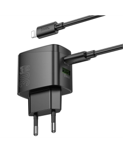 Зарядное устройство Hoco CS61A Bright PD30W+QC3.0 (1USB-A/1C) + кабель Type-C to Lightning Черный (Black)