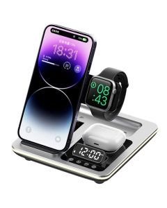Зарядний пристрій бездротовий + годинник A93 4in1 Срібний (Silver)