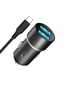 Автомобільний зарядний пристрій SkyDolphin SZ02T Aluminium (2USB, 2.4A) (AZP-000072) + кабель Type-C Чорний (Black)