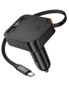 Автомобільний зарядний пристрій Hoco NZ18 Guardian PD65W with retractable cable (1USB-A/2C) Чорний (Black)