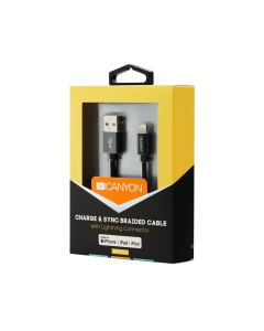 USB кабель Canyon USB - Lightning 0.96m в обплетеннi Чорний (Black)