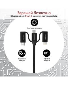 USB кабель Promate PentaPower USB Type-C/Lightning/micro USB/Type-C 3A/60W 1.2м Чорний (Black)
