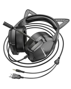 Наушники накладные Borofone BO106 Cute cat светящиеся игровые Черные (Черно-розовые)