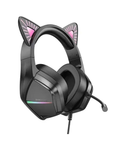 Наушники накладные Borofone BO106 Cute cat светящиеся игровые Черные (Черно-розовые)