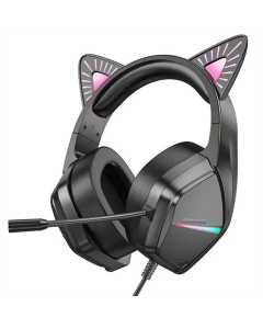 Наушники накладные Borofone BO106 Cute cat светящиеся игровые Черные (Черно-розовые)