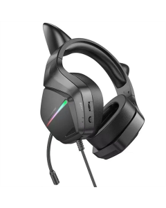 Наушники накладные Borofone BO106 Cute cat светящиеся игровые Черные (Черно-розовые)