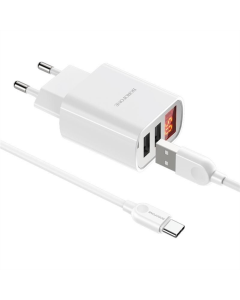 Зарядное устройство Borofone BA58A с цифровым дисплеем 2.4A (2USB-A) + кабель USB к Type-C Белый (White)