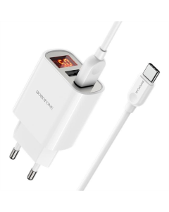Зарядное устройство Borofone BA58A с цифровым дисплеем 2.4A (2USB-A) + кабель USB к Type-C Белый (White)