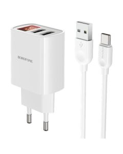 Зарядное устройство Borofone BA58A с цифровым дисплеем 2.4A (2USB-A) + кабель USB к Type-C Белый (White)
