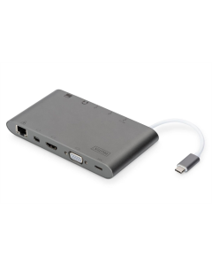 Хаб Type-C DIGITUS USB-C HDMI/VGA/miniDisplayPort/3xUSB-A/USB-C/SD/MicroSD/RJ54/Audio Сірий (Серый)