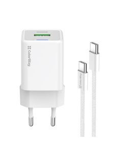 Зарядний пристрій ColorWay GaN Mini 20W PD Port PPS USB-C (CW-CHS062PD-WT) + кабель Type-C to Type-C Білий (White)