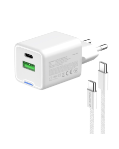Зарядний пристрій ColorWay GaN Mini 20W PD Port PPS USB-C (CW-CHS062PD-WT) + кабель Type-C to Type-C Білий (White)