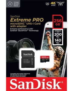 Карта памяти MicroSD SanDisk 256 ГБ C10 UHS-I U3 R200/W140MB/s Extreme Pro V30 + SD